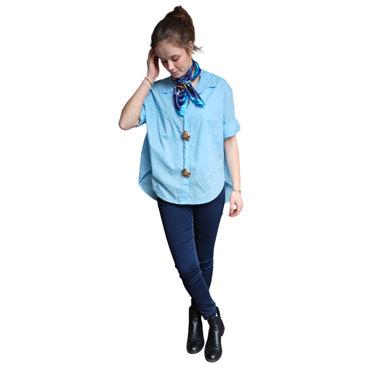 Portia shirt sky blue gold button